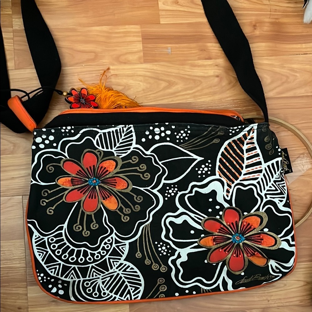 Laurel Burch Orange Black Colorful Floral Shoulder Bag